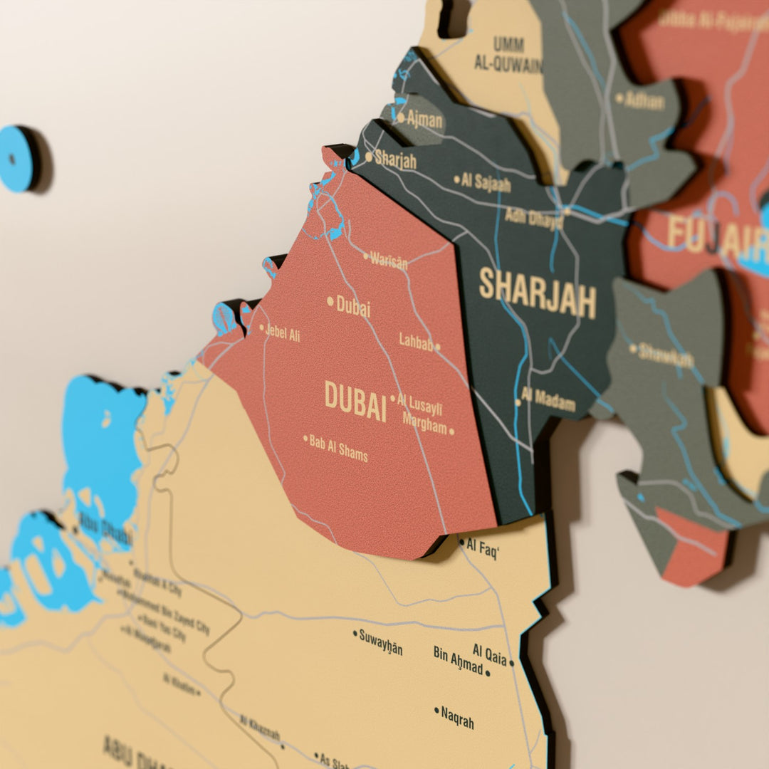 Close-up of the Sage United Arab Emirates wooden wall map with layered regions and printed names