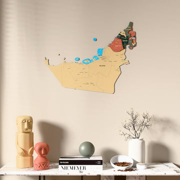 Sage United Arab Emirates wooden wall map above a marble console, front view