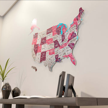 Crimson metal United States map from a low angle, hung above a dark console with a framed picture