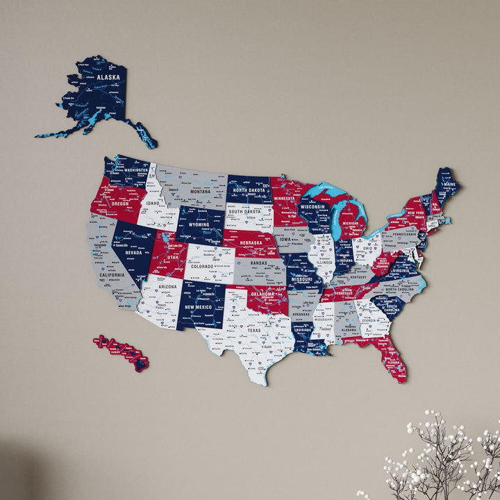 USA Wooden Wall Map Flag Colored Premium Wood Wall Decor