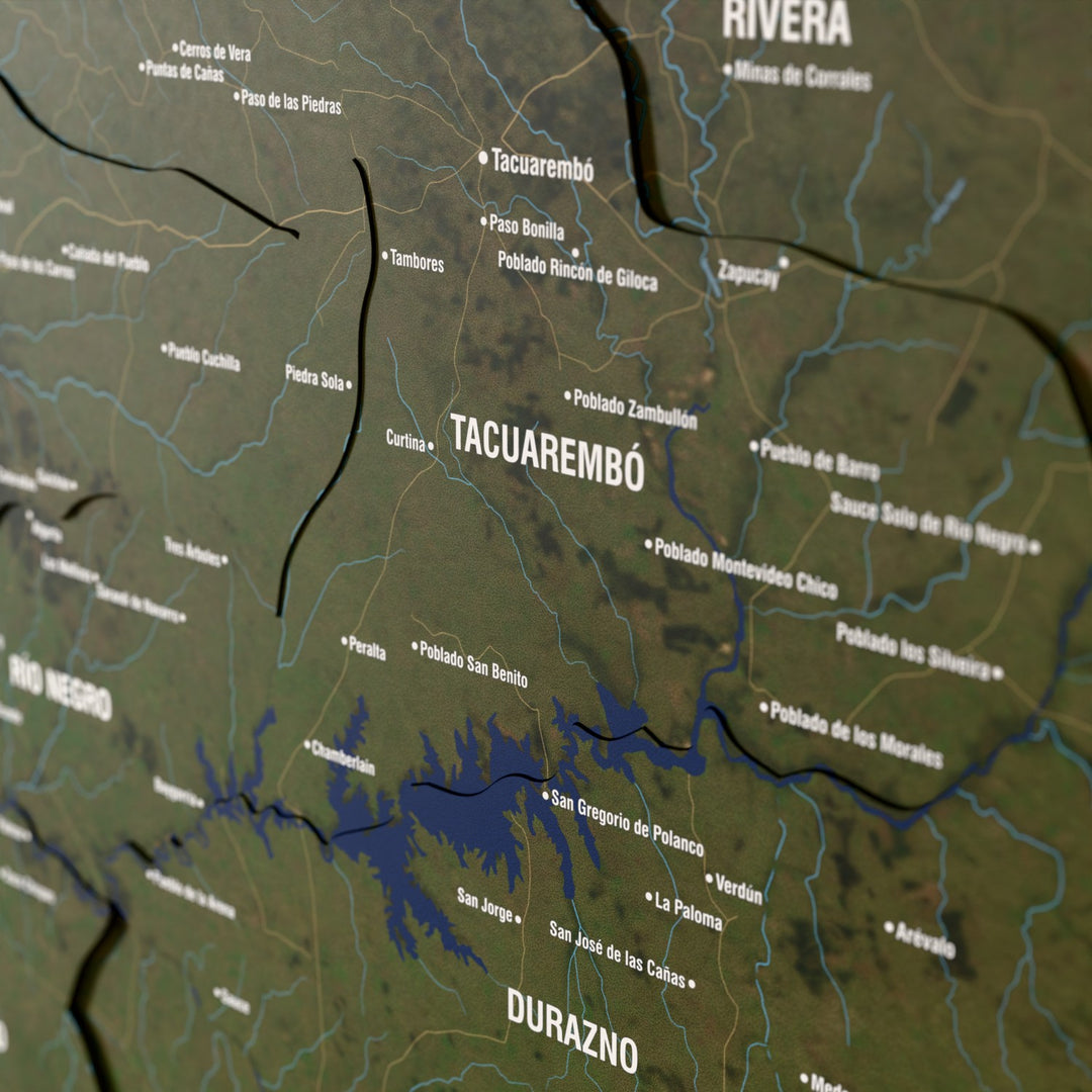 Close-up of the Satellite Uruguay wooden wall map with layered regions and printed names