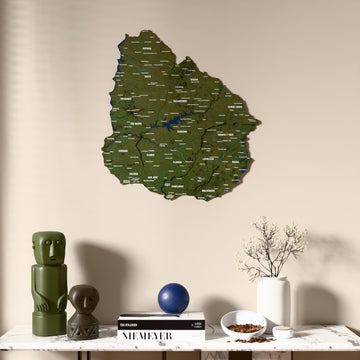 Satellite Uruguay wooden wall map above a marble console, front view