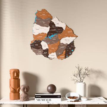 Soil Uruguay wooden wall map above a marble console, front view