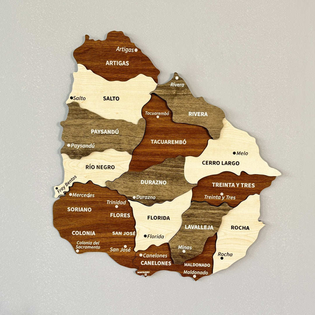 Wooden Uruguay wall map with department names in brown, cream and gray layers, front view