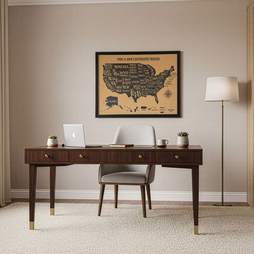 Framed cork USA map above a desk, closer view with a tall lamp