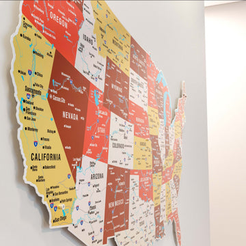 Angled close-up of the western states on the terracotta metal USA map, including California, Nevada and Arizona