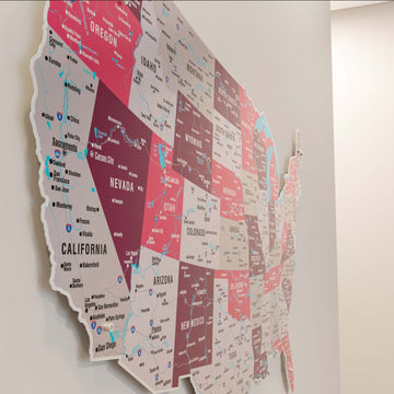 Angled close view of the crimson metal USA map showing California, Nevada, Oregon and western states