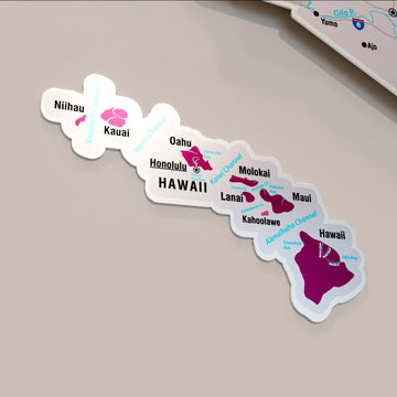 Close-up of the separate Hawaii island piece of the crimson metal USA map, with island and city labels