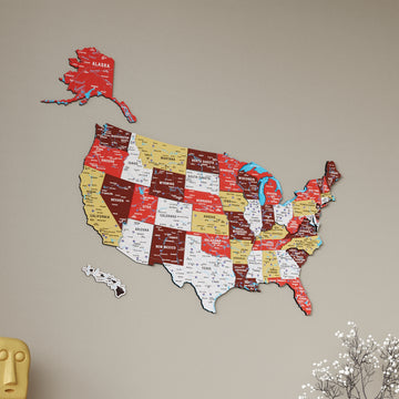 Terracotta multilayered United States wooden wall map with state names, straight-on close view with Alaska and Hawaii