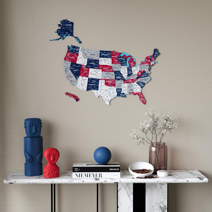 USA Wooden Wall Map Flag Colored Premium Wood Wall Decor