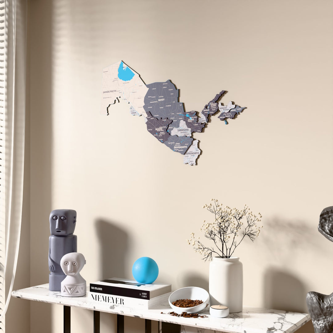Nimbus Uzbekistan wooden wall map beside a sheer curtain, angled view