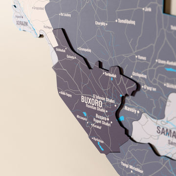 Close-up of the Nimbus Uzbekistan wooden wall map with layered regions and printed names