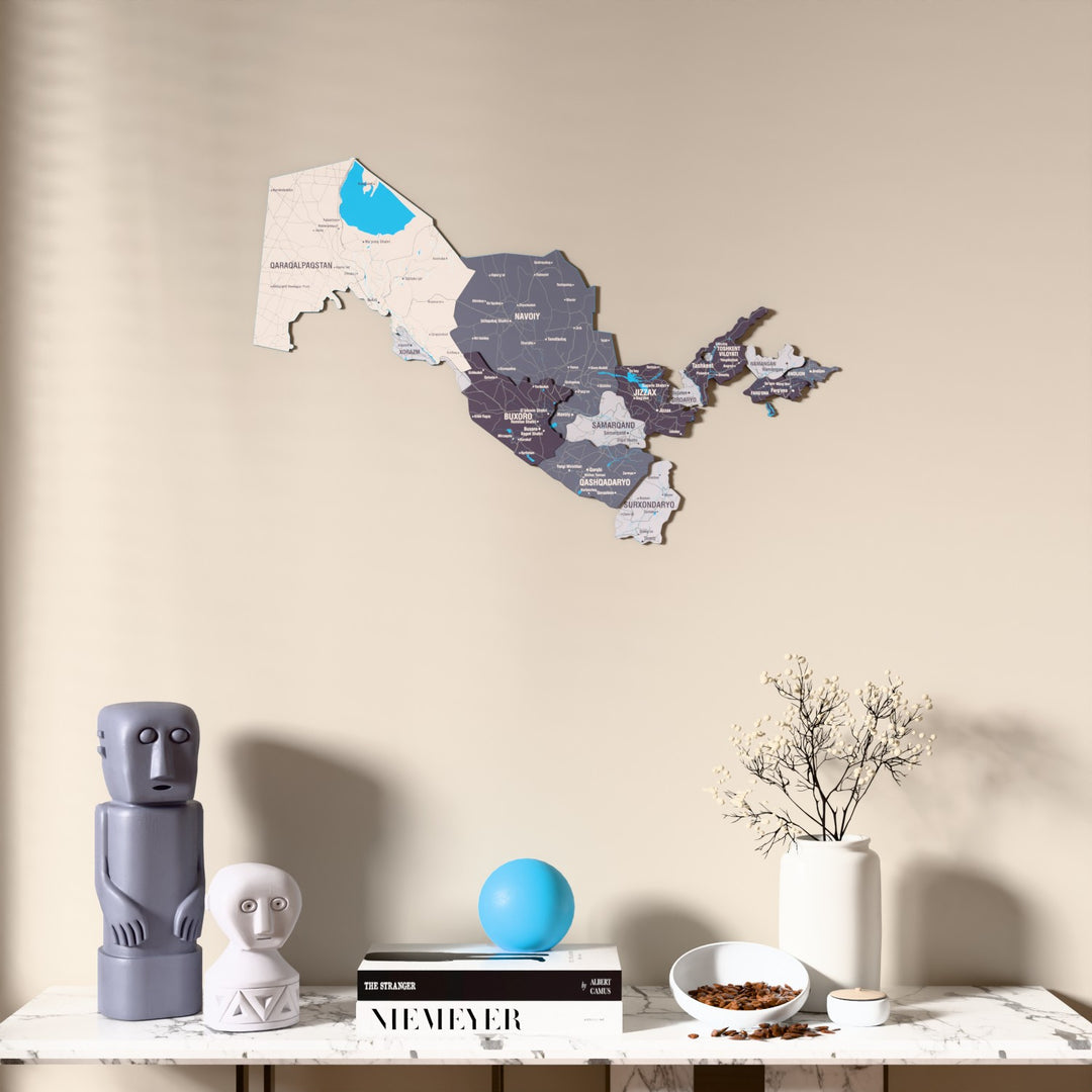 Nimbus Uzbekistan wooden wall map above a marble console, front view