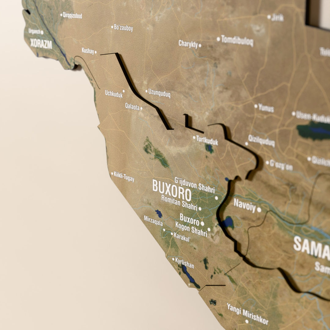 Close-up of the Satellite Uzbekistan wooden wall map with layered regions and printed names