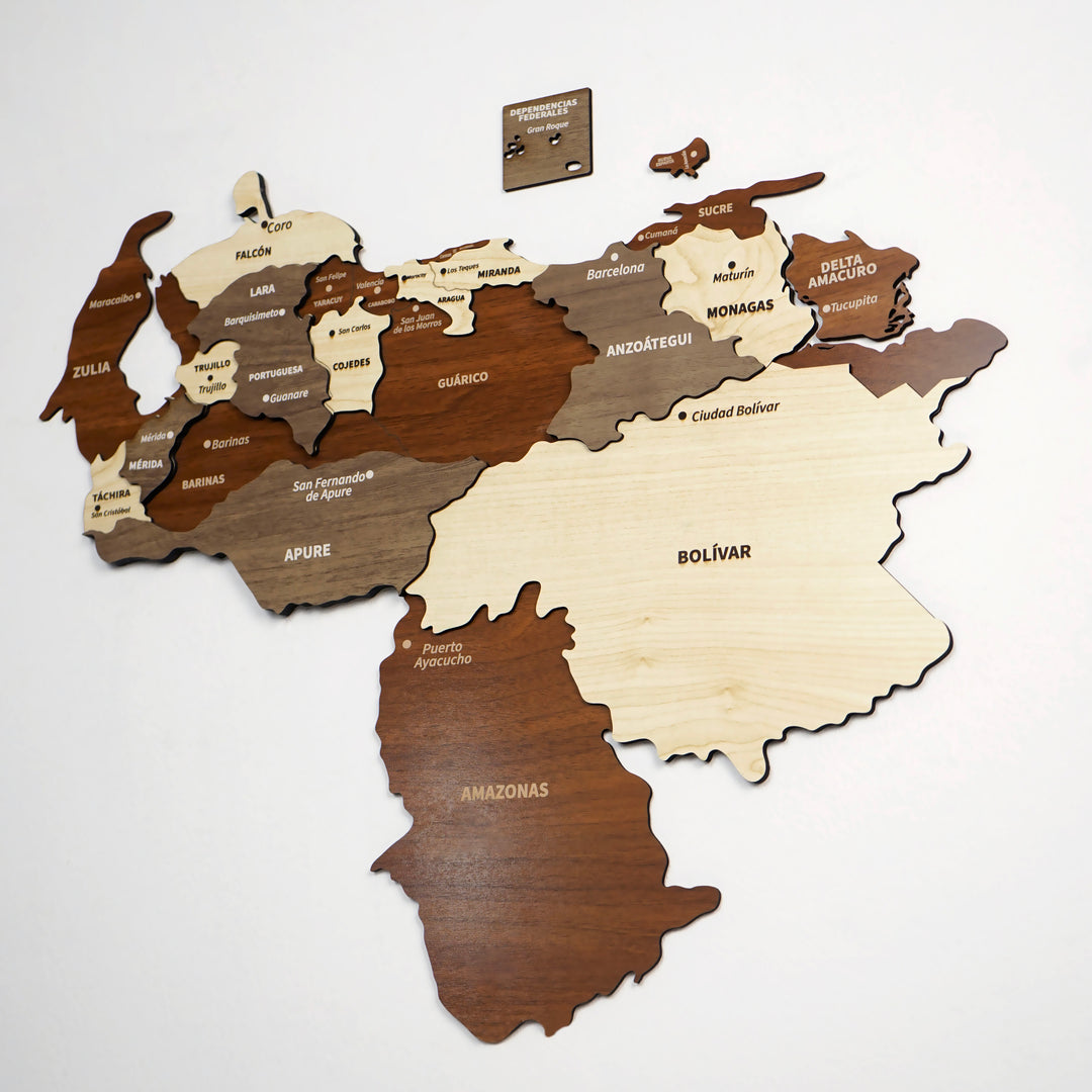 Large wooden Venezuela map with Zulia, Bolivar and Amazonas states and a cream Bolivar panel on a light wall