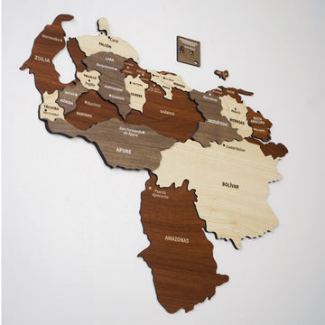 Wooden Venezuela map photographed from the side to show layered states from Zulia to Amazonas