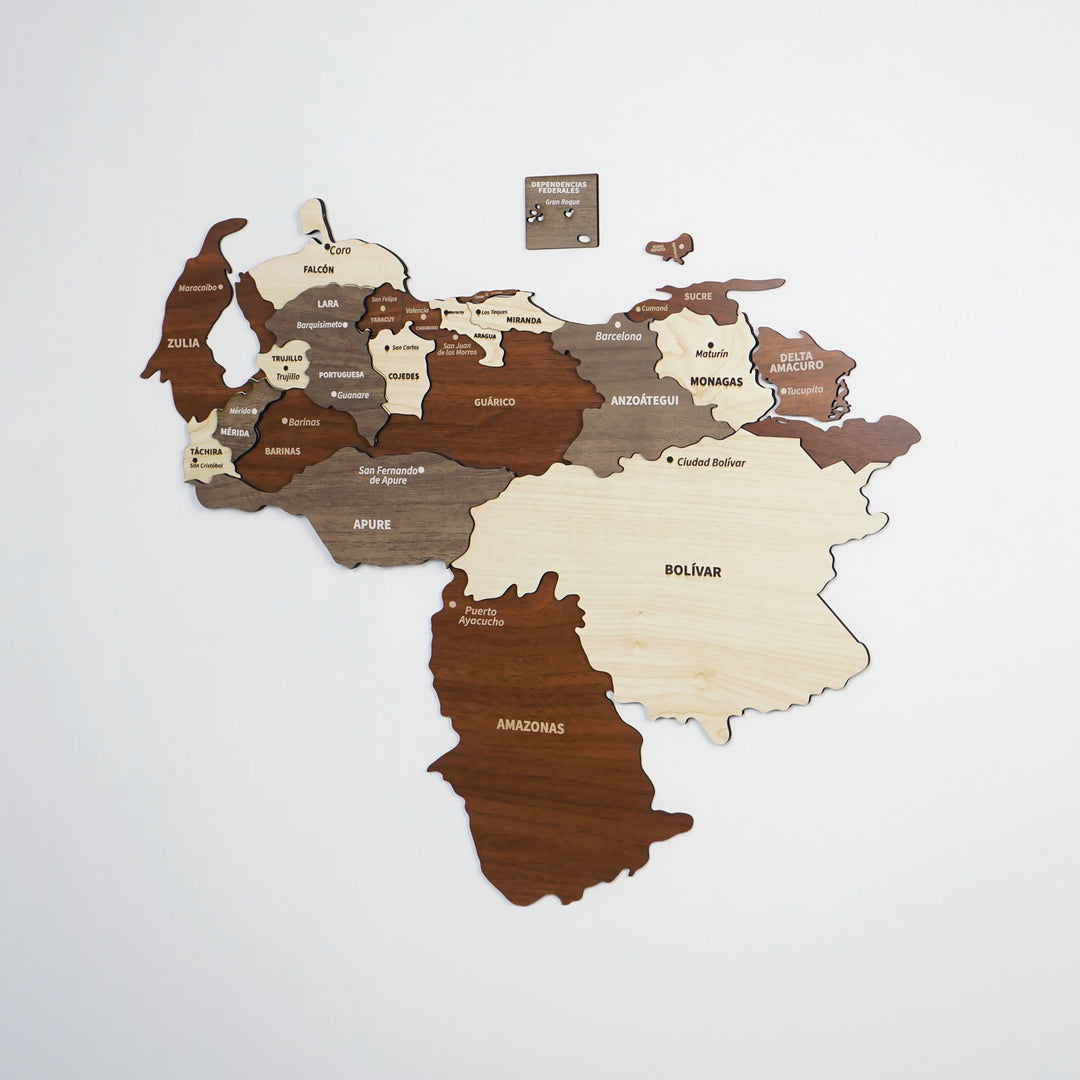 3D wooden Venezuela map with state names in brown, taupe and cream layers, with a small plaque above it