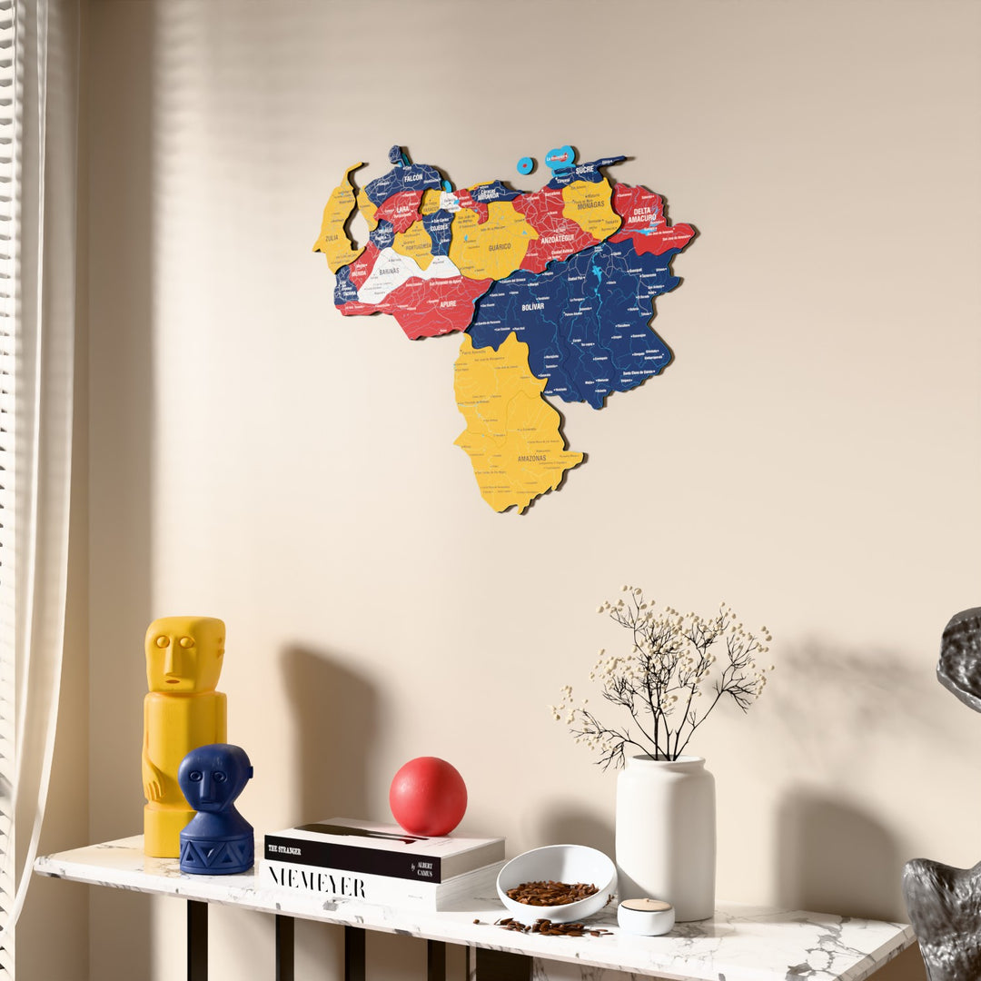 Flag colored Venezuela wooden wall map beside a sheer curtain, angled view