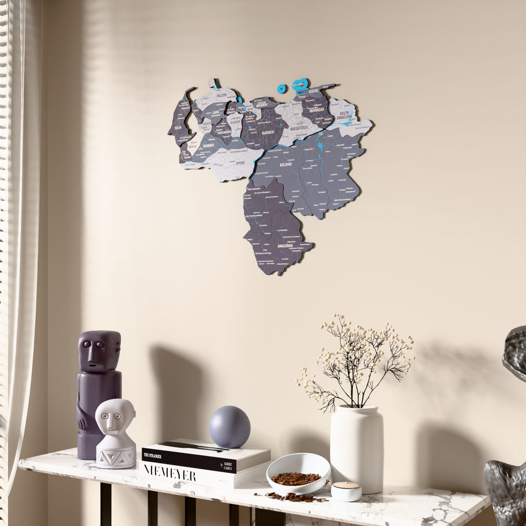 Nimbus Venezuela wooden wall map beside a sheer curtain, angled view