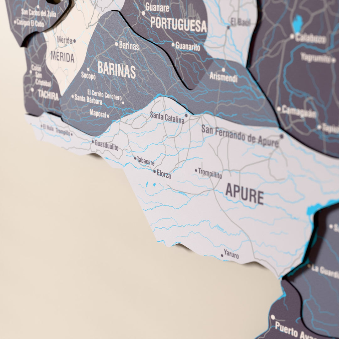 Close-up of the Nimbus Venezuela wooden wall map with layered regions and printed names
