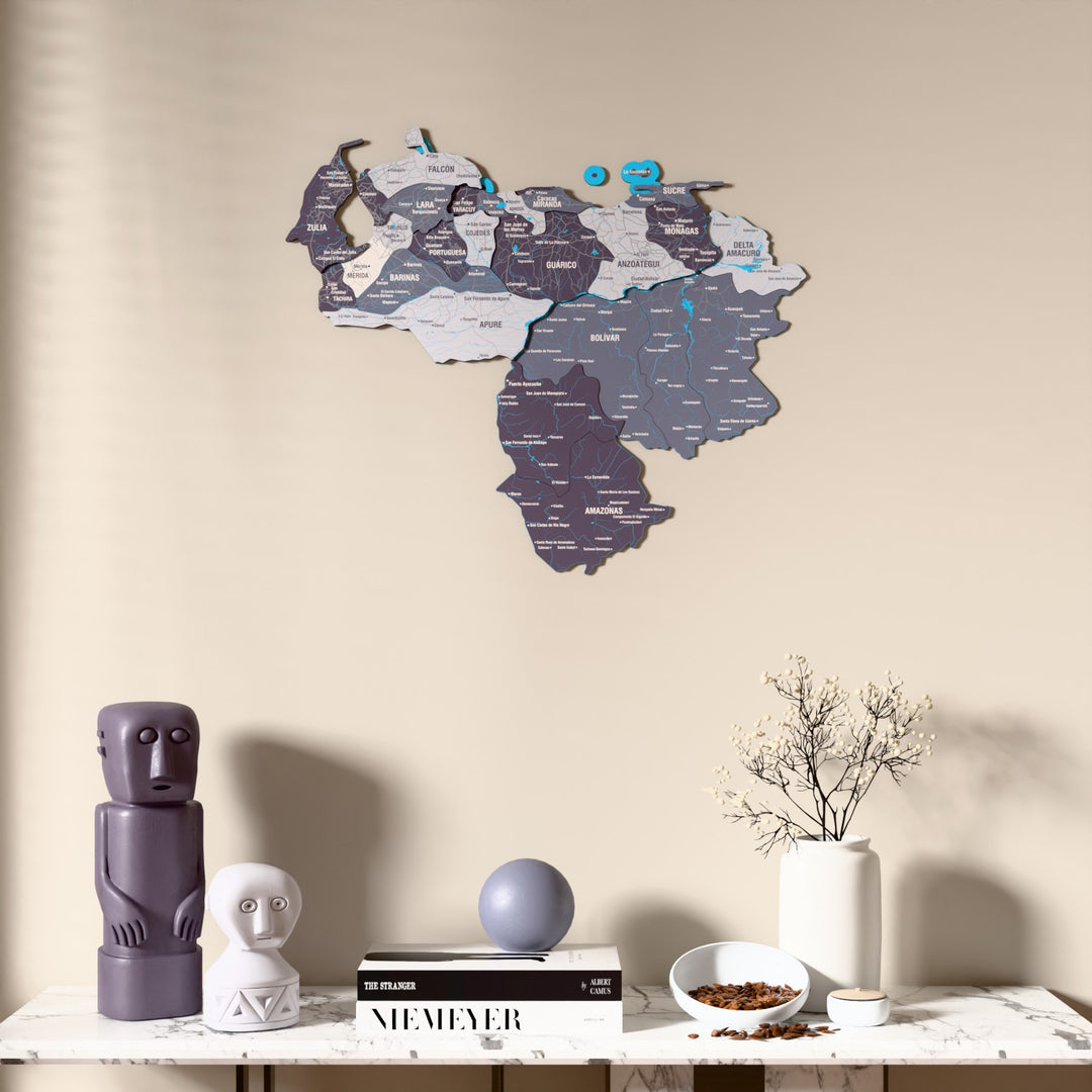 Nimbus Venezuela wooden wall map above a marble console, front view