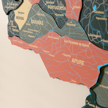 Close-up of the Sage Venezuela wooden wall map with layered regions and printed names