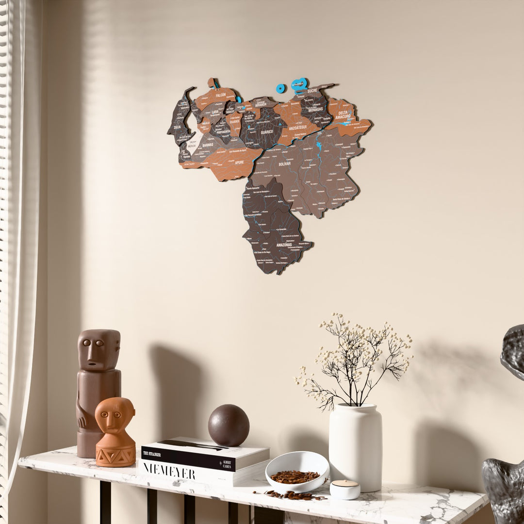 Soil Venezuela wooden wall map beside a sheer curtain, angled view