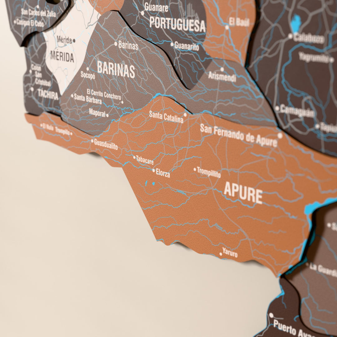 Close-up of the Soil Venezuela wooden wall map with layered regions and printed names