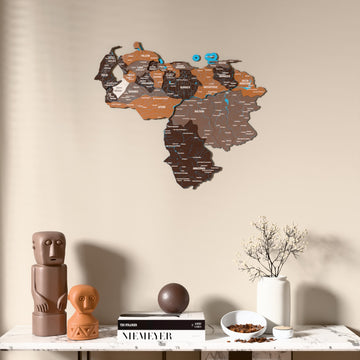 Soil Venezuela wooden wall map above a marble console, front view