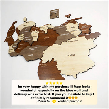 Wooden Venezuela map with a five-star verified purchase review praising the look on a blue wall and fast delivery