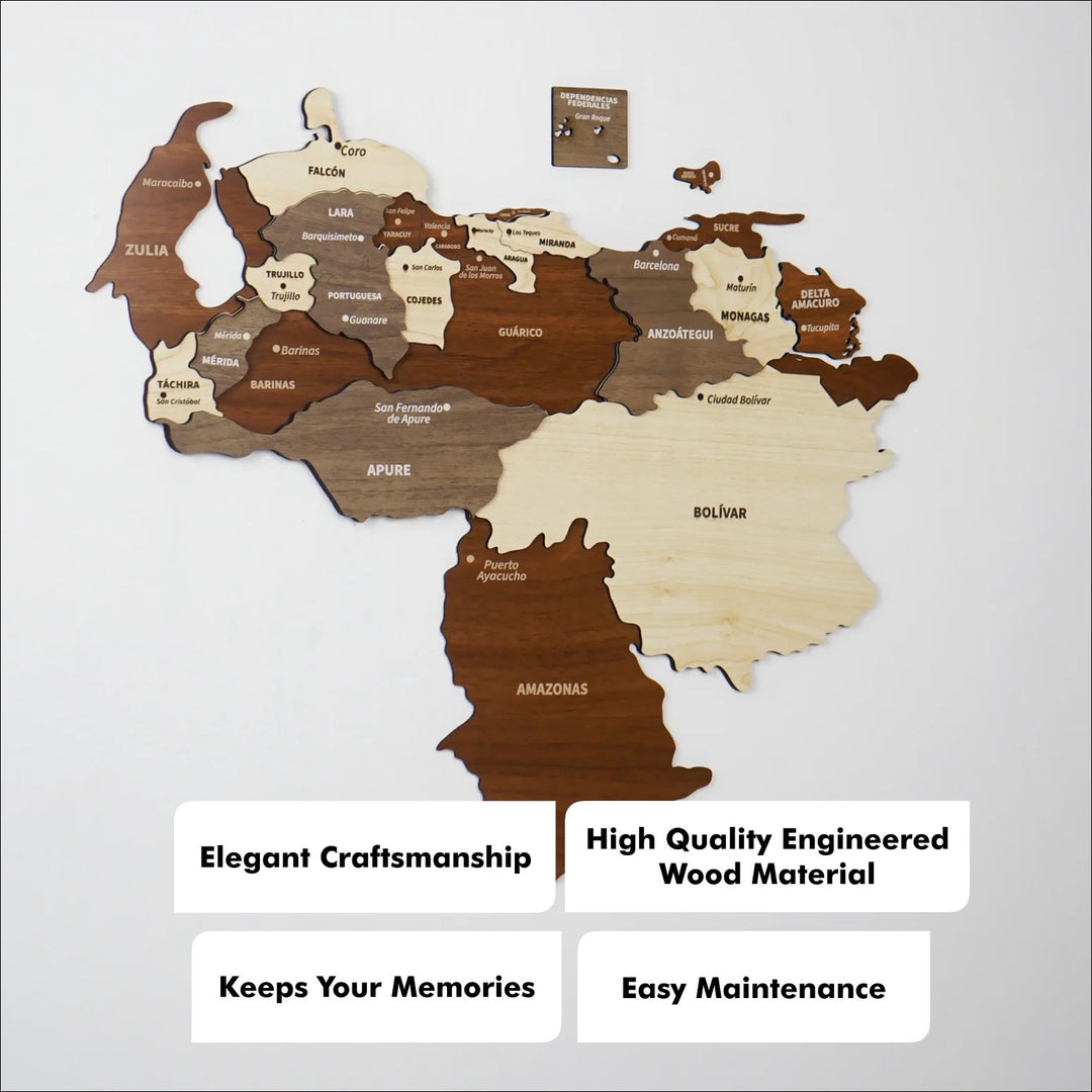 Wooden Venezuela map with four labels: elegant craftsmanship, engineered wood material, keeps your memories, easy maintenance
