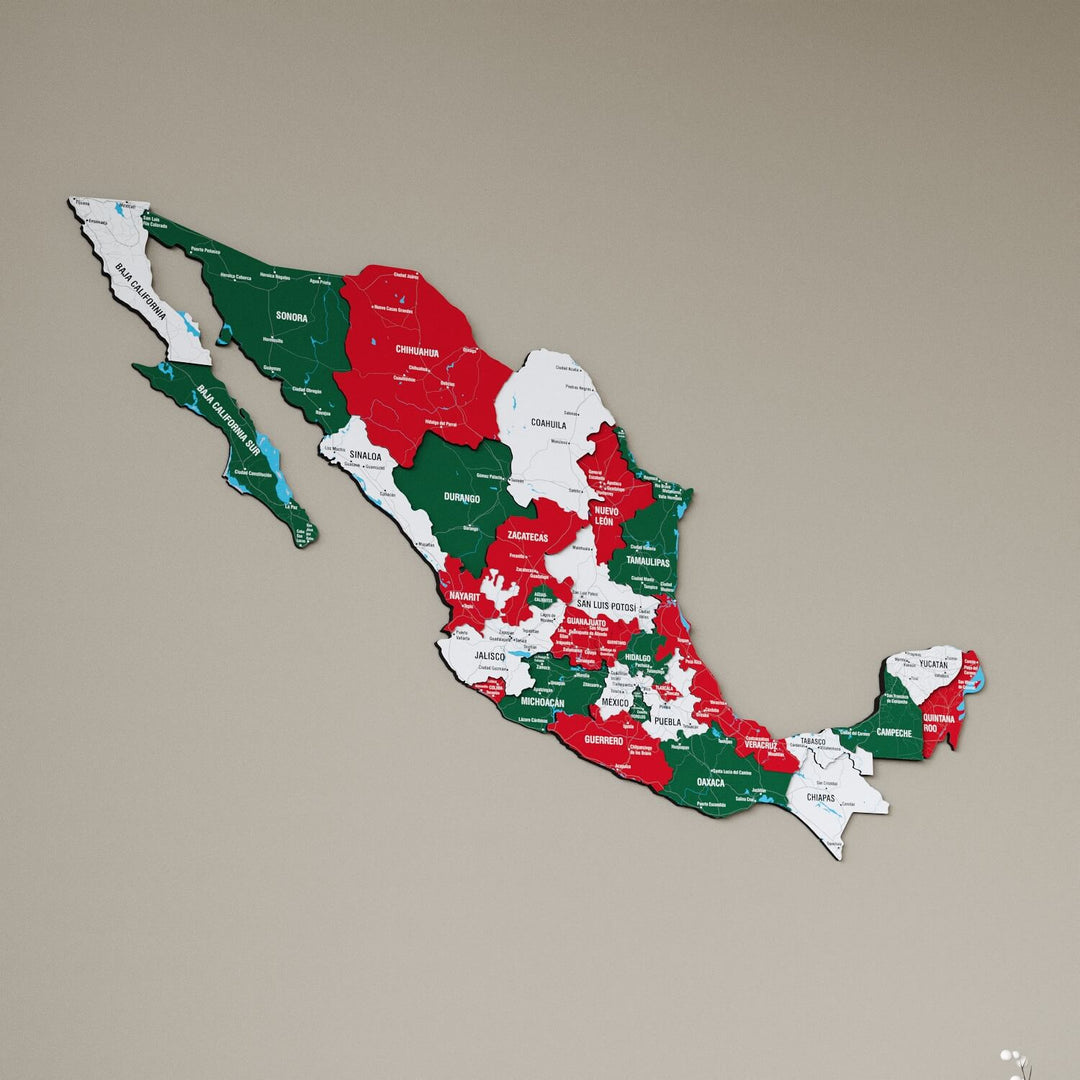 Flag color Mexico wooden wall map in green, red and white states on a beige wall, angled view showing the layered pieces