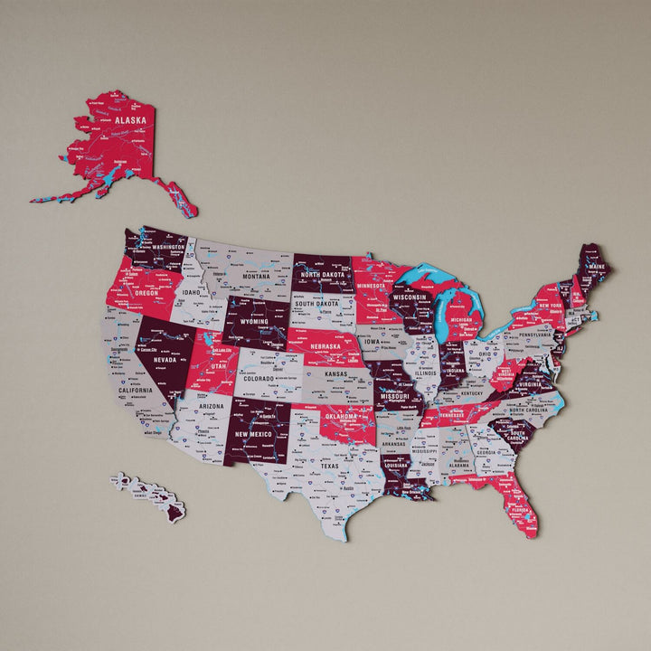United States Wooden Wall Map - Multilayered & UV Printed Design - Crimson