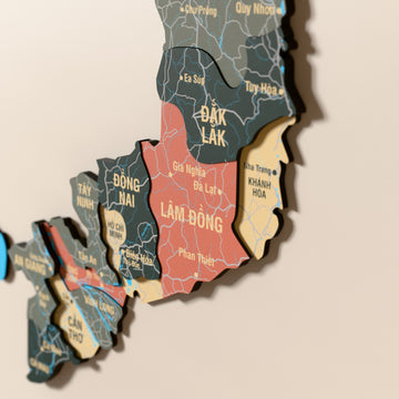 Close-up of the Sage Vietnam wooden wall map with layered regions and printed names