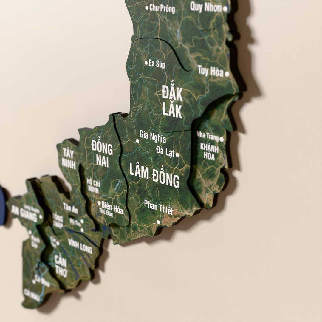 Close-up of the Satellite Vietnam wooden wall map with layered regions and printed names