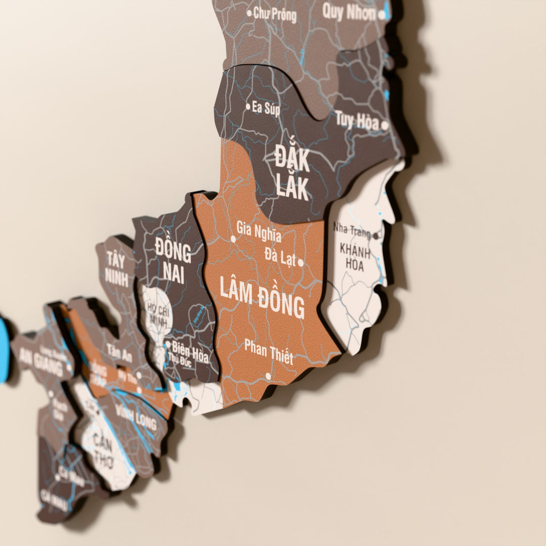 Close-up of the Soil Vietnam wooden wall map with layered regions and printed names
