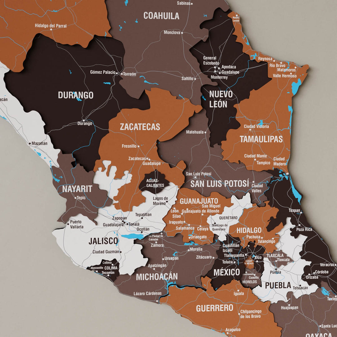 Soil Mexico wooden wall map in brown, rust and cream states, close-up of the central states with names