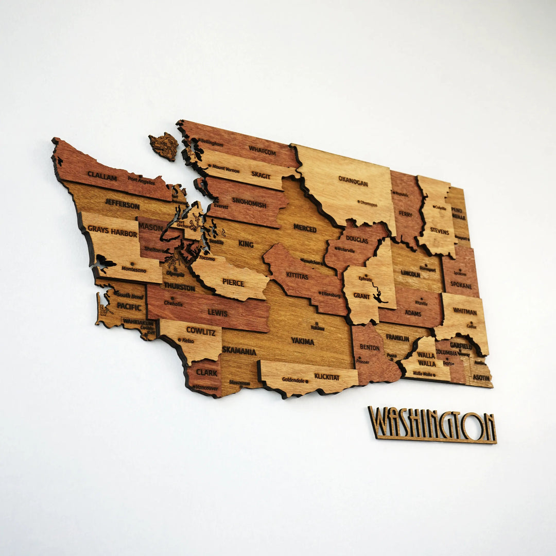 Washington State 3D wooden map with layered county pieces in warm brown, angled view and WASHINGTON lettering