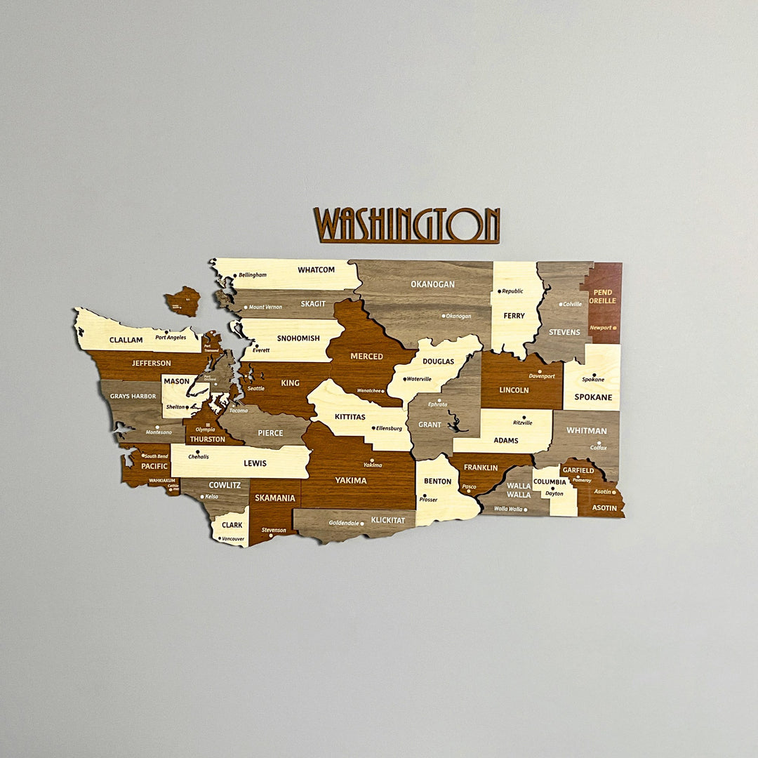 Washington State wooden wall map with county names and a WASHINGTON title in brown and beige layers, front view