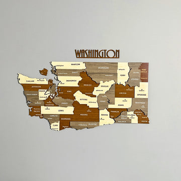 Washington State wooden wall map with county names and a WASHINGTON title in brown and beige layers, front view