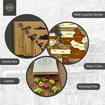 Infographic of the Washington State wooden map: multi-layered design, major cities, capital, planning pins, sturdy box