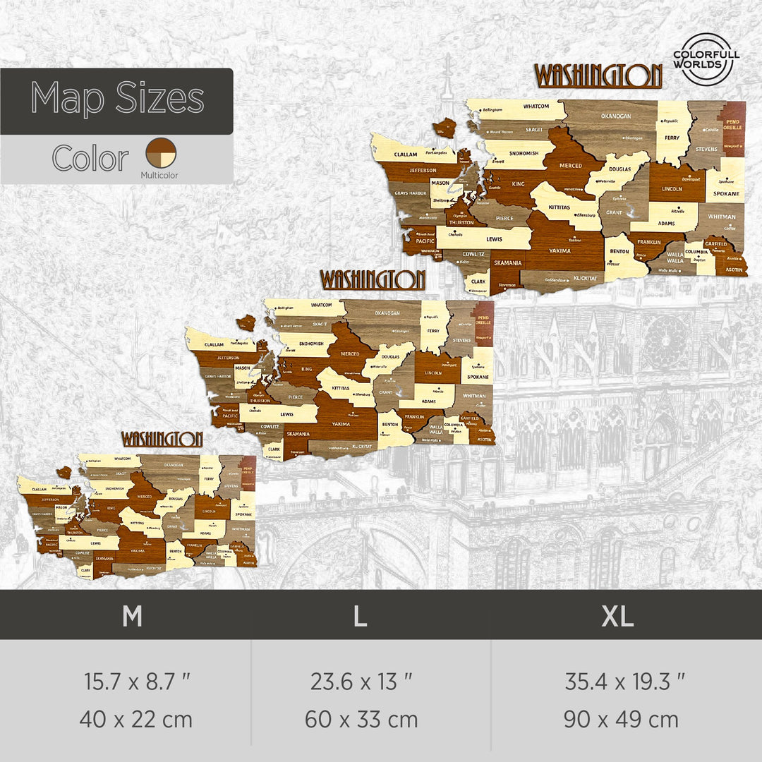 Size chart for the Washington State wooden map: M 15.7 x 8.7 in, L 23.6 x 13 in and XL 35.4 x 19.3 in