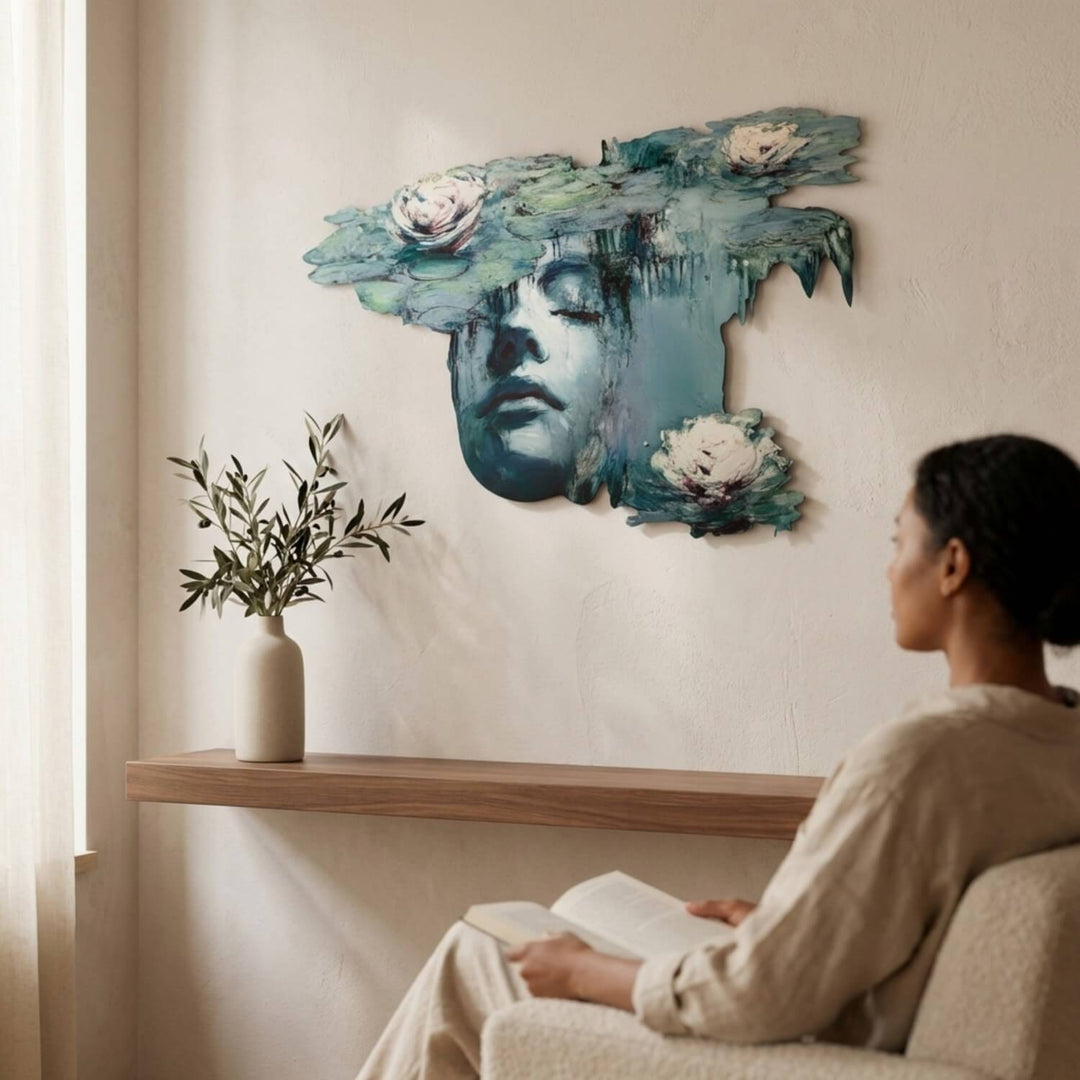 Water lilies and woman metal wall art above a shelf, facing a woman reading