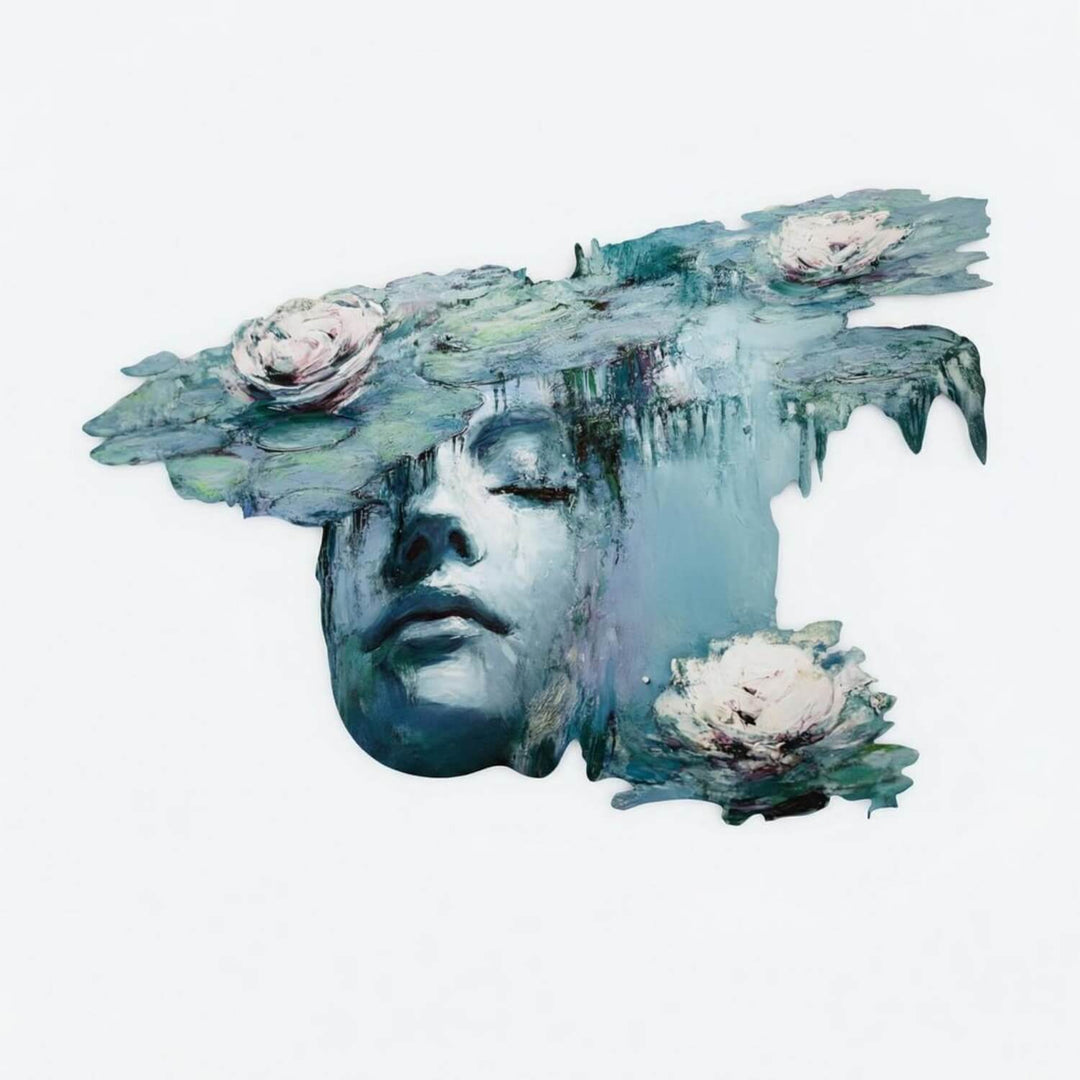 Water lilies and woman metal wall art on white, full front view