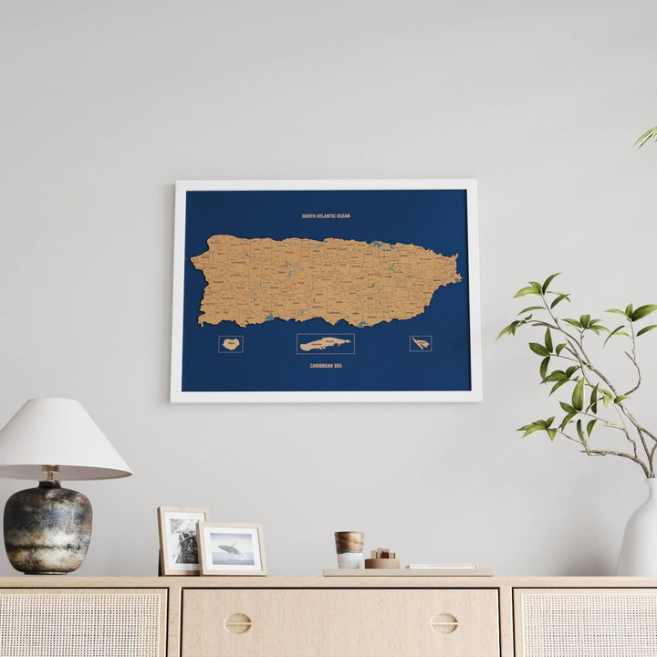 Framed Puerto Rico Cork Wall Map Decor