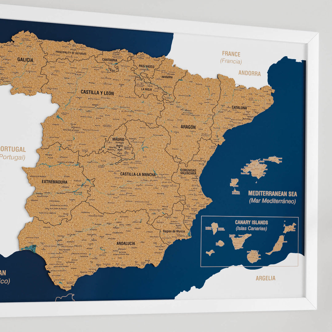 Framed Spain Cork Wall Map Decor