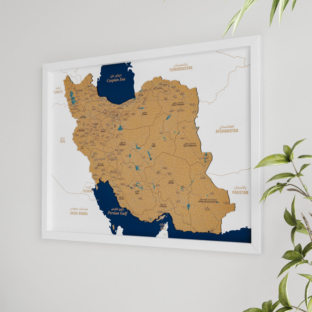 Framed Iran Cork Wall Map Decor