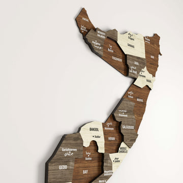 Large close-up of the Somalia wooden map showing Bakool, Gedo, Hiran and Middle Shebelle regions in layered wood