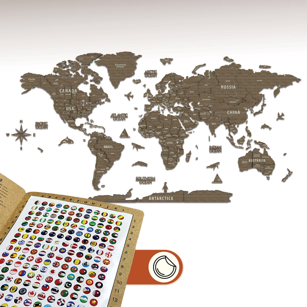World map with country names and a sheet of world flags on a white background