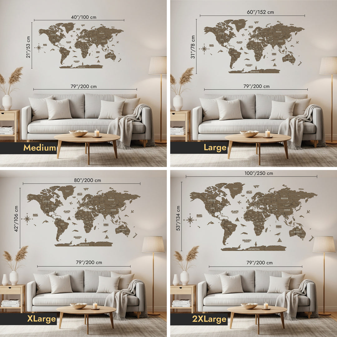 World map wall decal with size comparison on a living room wall.